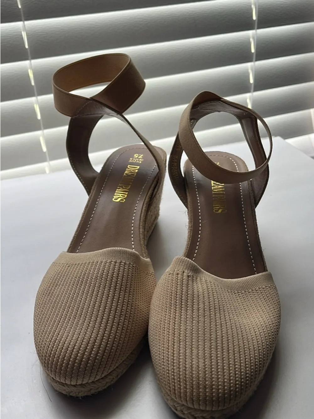 Wedge Espadrille Sandals in Beige with Ankle Strap